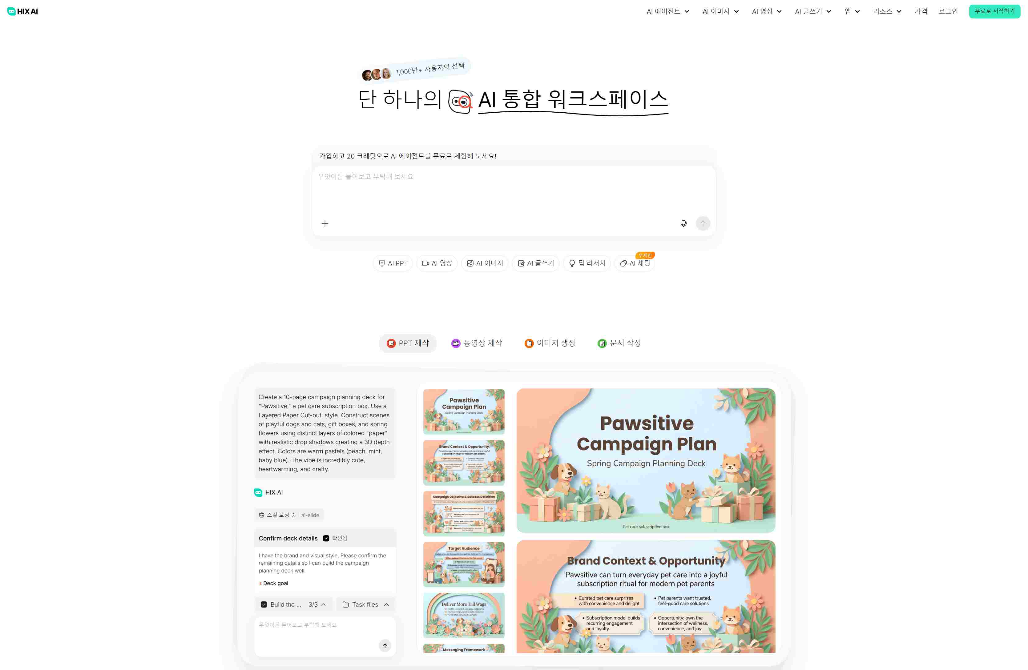 비즈니스 텍스트 작성과 업무 자동화를 지원하는 올인원 AI 워크스페이스 HIX.AI 화면